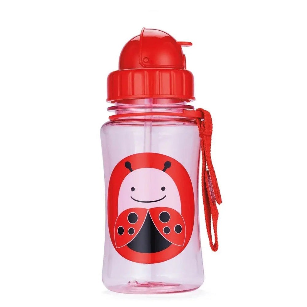 Skip Hop Zoo Straw Bottle in pink with red lid; strap attached for easy carrying.