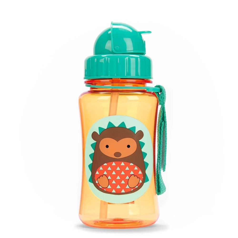Skip Hop Zoo Straw Bottle orange with teal lid, green strap, straw visible as your child drinks, monkey graphic.
