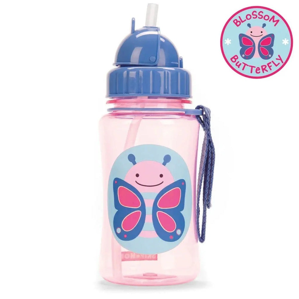 Skip Hop Zoo Straw Bottle in pink with blue cap and butterfly decal; straw extended for sipping and blue strap attached.