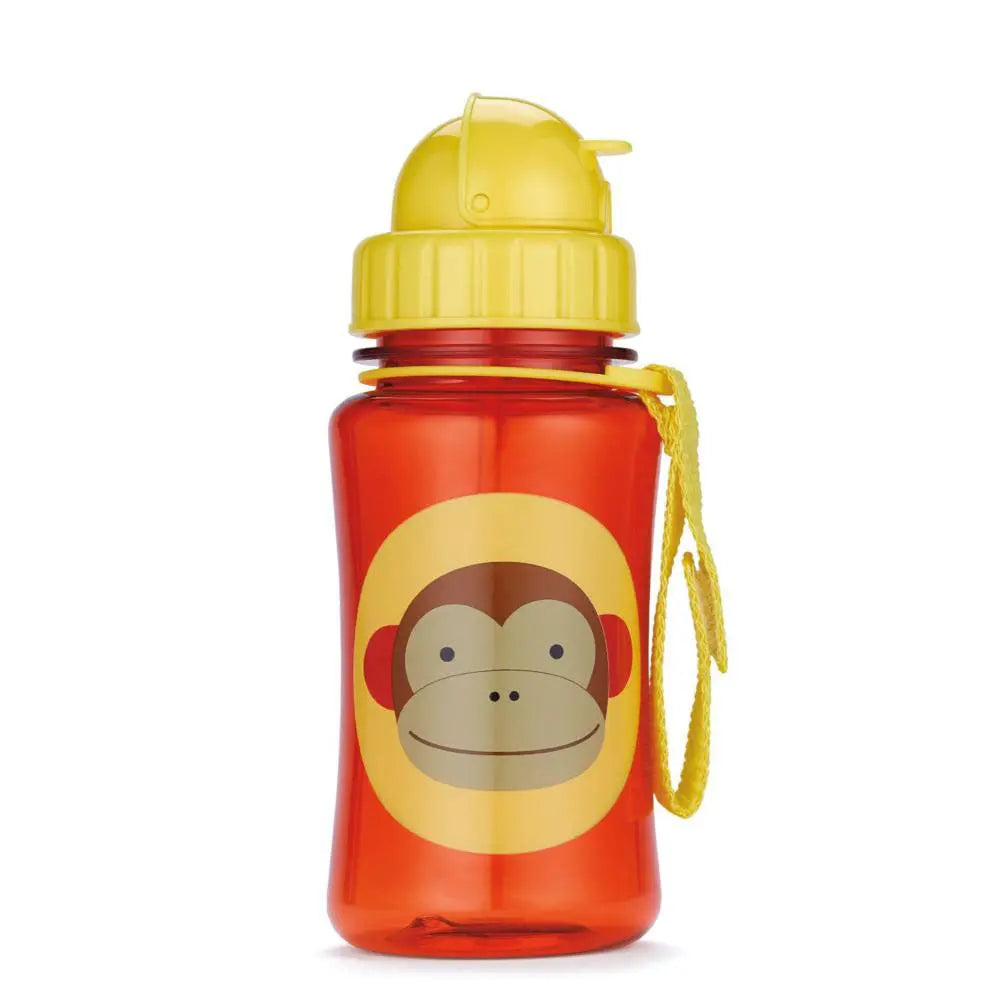 Skip Hop Zoo Straw Bottle, orange bottle with yellow lid, monkey logo, and a yellow carry strap in view.