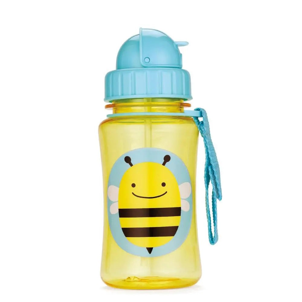 Skip Hop Zoo Straw Bottle in yellow with bee graphic, blue lid, and a hanging strap.