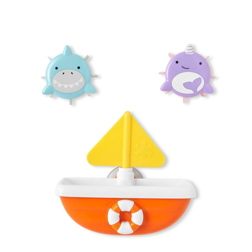 Skip Hop Zoo Tip & Spin Boat bath toy with orange hull, yellow sail, and two sea creatures