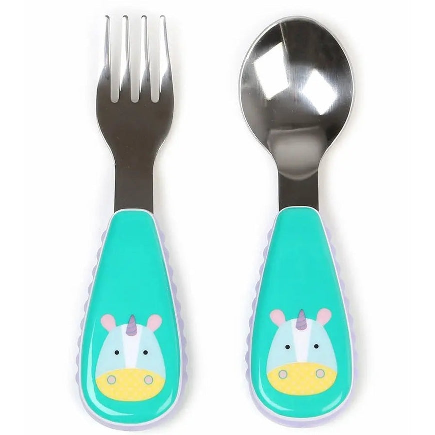 Skip Hop Zoo Utensil Set, turquoise unicorn-handled fork and spoon shown ready for toddler mealtime.