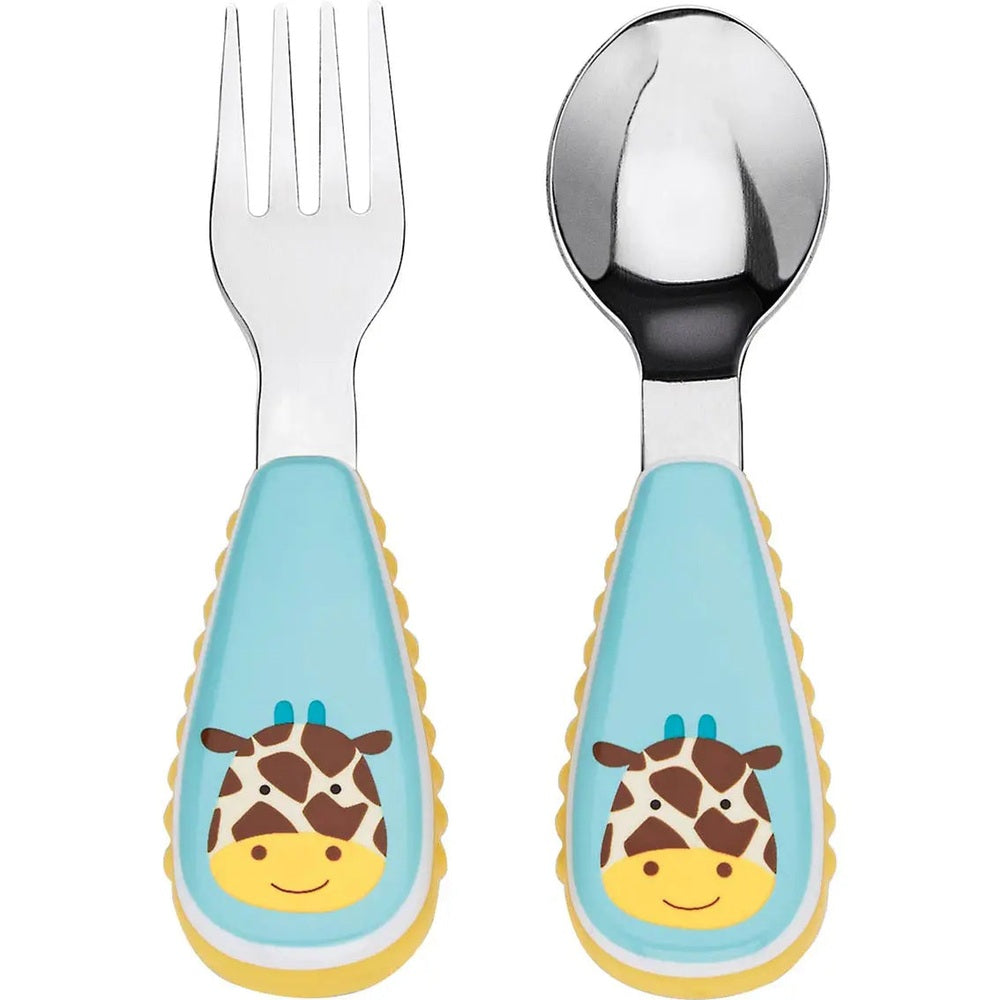 Skip Hop Zoo Utensil Set: two baby fork and spoon with light-blue handles and cheerful giraffe illustrations.