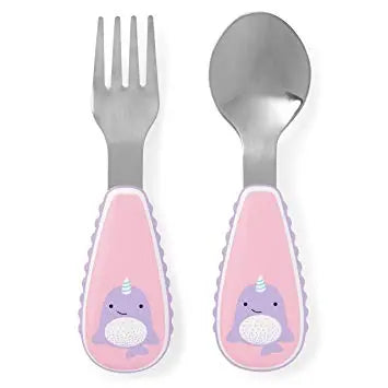 Skip Hop Zoo Utensil Set, pink unicorn handles, fork and spoon ready for a child’s mealtime.