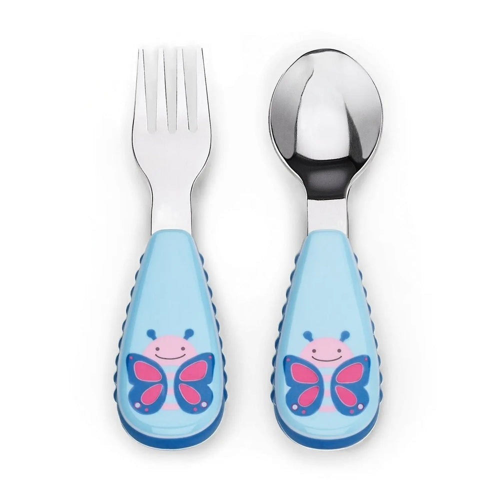 Skip Hop Zoo Utensil Set in blue with butterfly handles; a baby fork and spoon shown side by side.