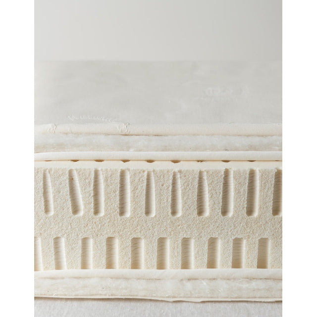 Sleeptek Organic Rubber Crib Mattress, ivory cream with ribbed side panel, close-up shows textured sides and edge.