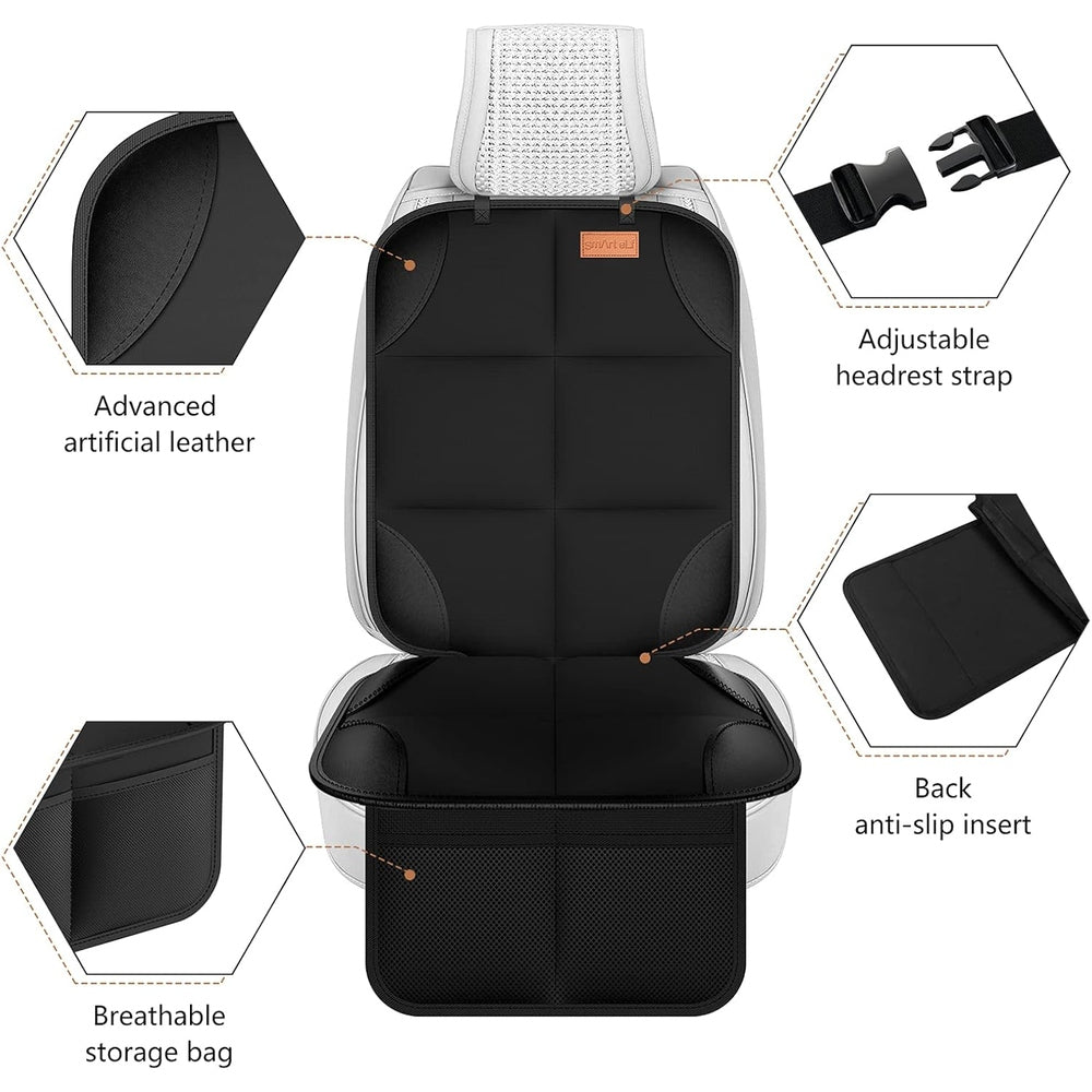 Smart Elf Car Seat Protector 2-Pack by Baby EnRoute, black artificial leather with breathable storage bag and anti-slip insert