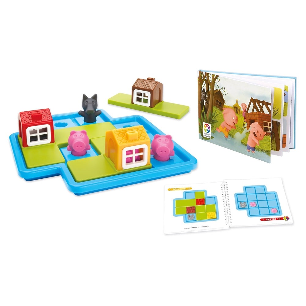 Smart Games 3 Little Piggies Deluxe puzzle set with 3 pig figures and colorful houses on a blue board