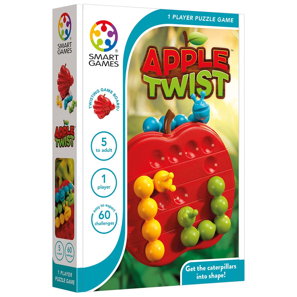 Smart Games Apple Twist puzzle red apple sliding board with colorful caterpillars, 1 player, 60 challenges