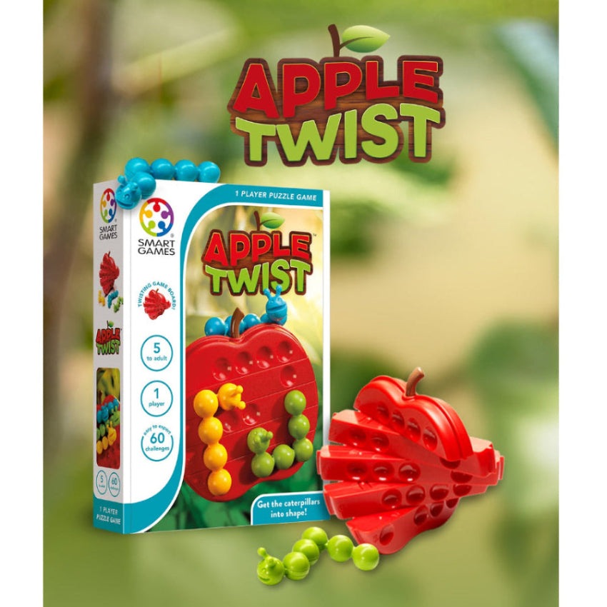 Apple Twist by SMART GAMES educational toy; red apple-shaped tray with colorful bead caterpillars.