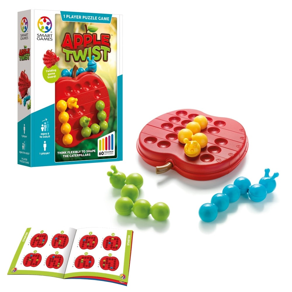 Smart Games Apple Twist puzzle game; red apple board with multicolored caterpillars for solo play.