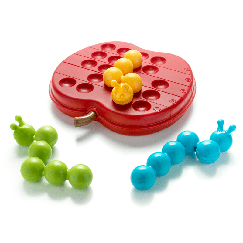 Smart Games Apple Twist puzzle; red apple-shaped board with yellow pegs and blue and green pieces