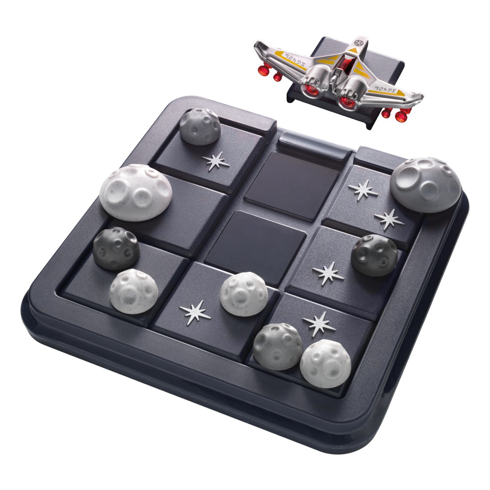 Asteroid Escape puzzle board by SMART GAMES with gray and white asteroid tokens and a silver spaceship topper