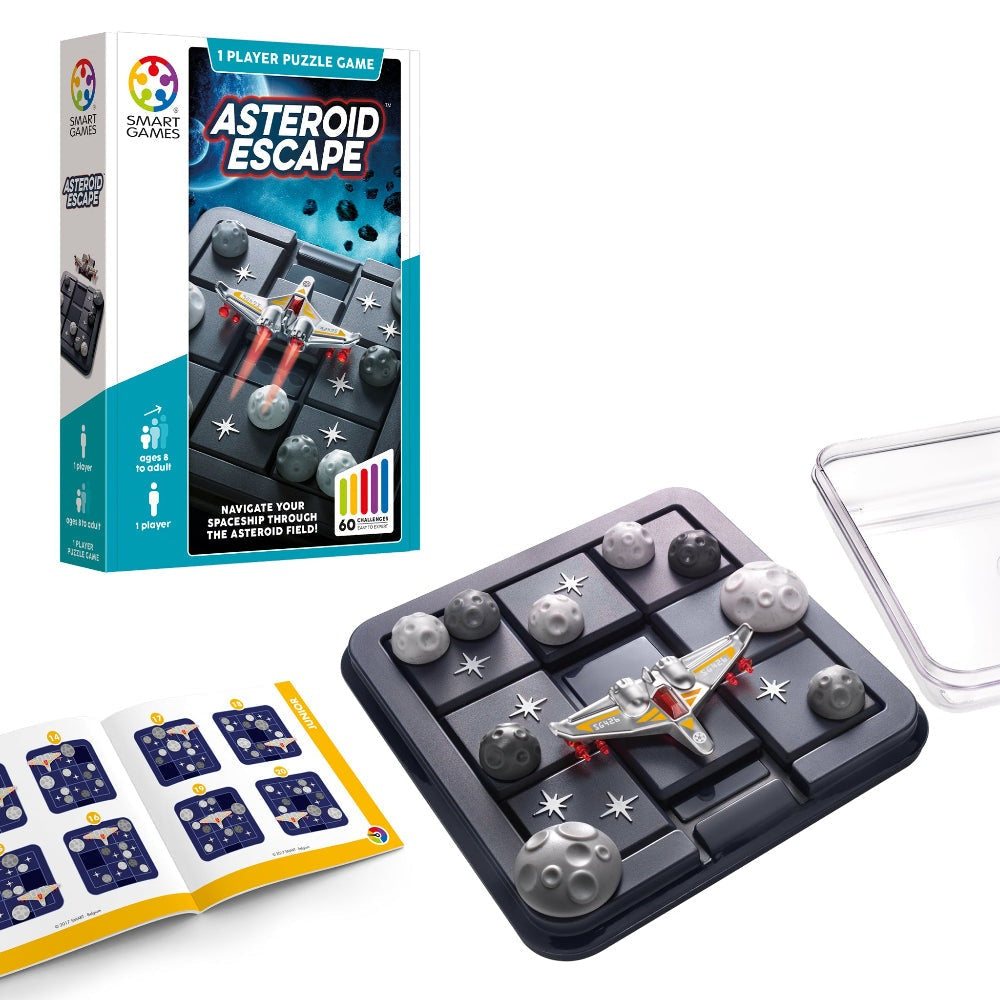 Asteroid Escape puzzle game by SMART GAMES—space-themed solo grid board with spaceship and asteroid pieces