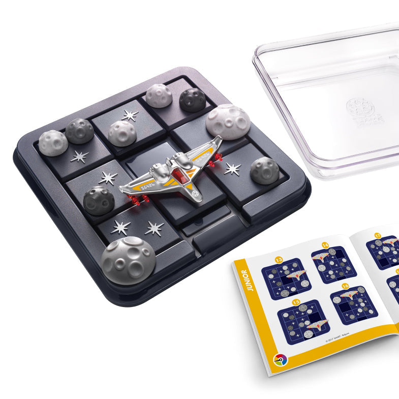 Smart Games Asteroid Escape puzzle set with gray modular lunar board, silver spaceship, and instruction booklet
