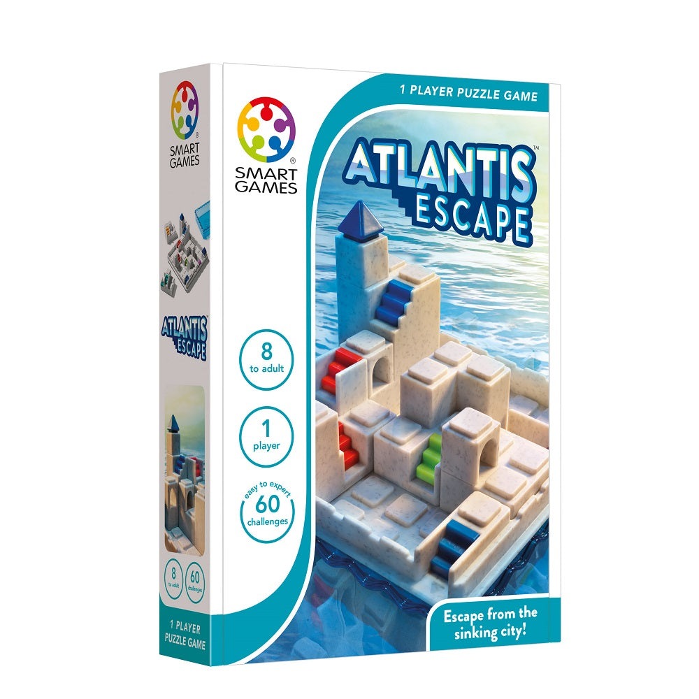 Smart Games Atlantis Escape puzzle game box; beige stone castle maze with colored steps for 1 player.