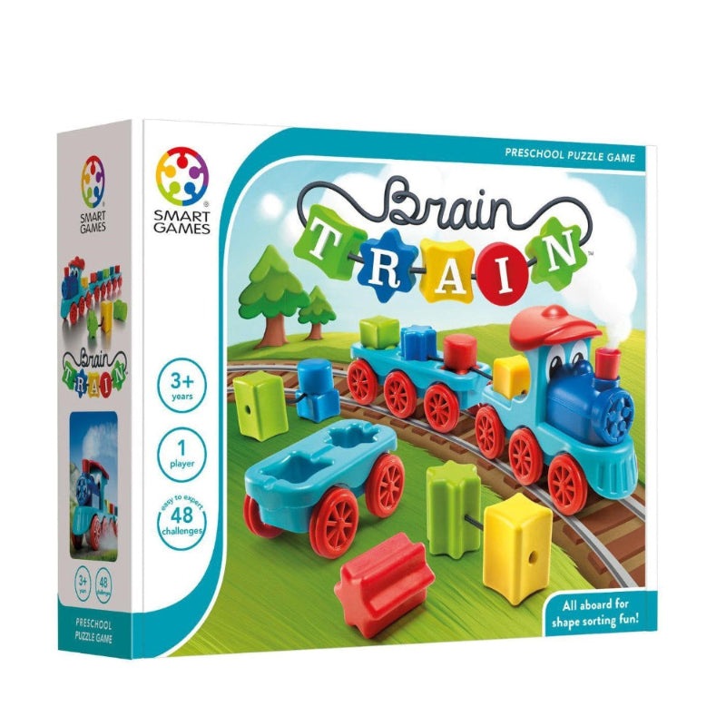 SMART GAMES Brain Train puzzle game for preschoolers with colorful train, tracks, and blocks