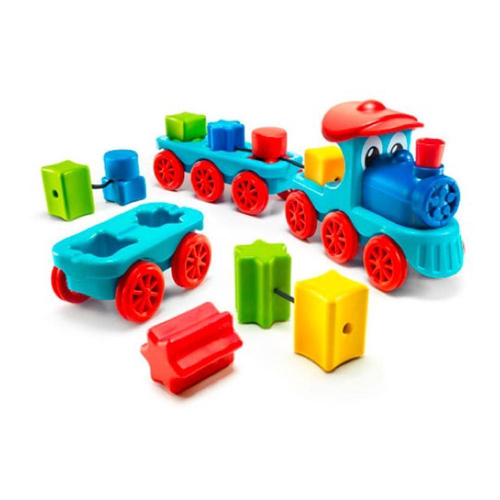 Brain Train toy train set by SMART GAMES with blue engine, red wheels and colorful blocks