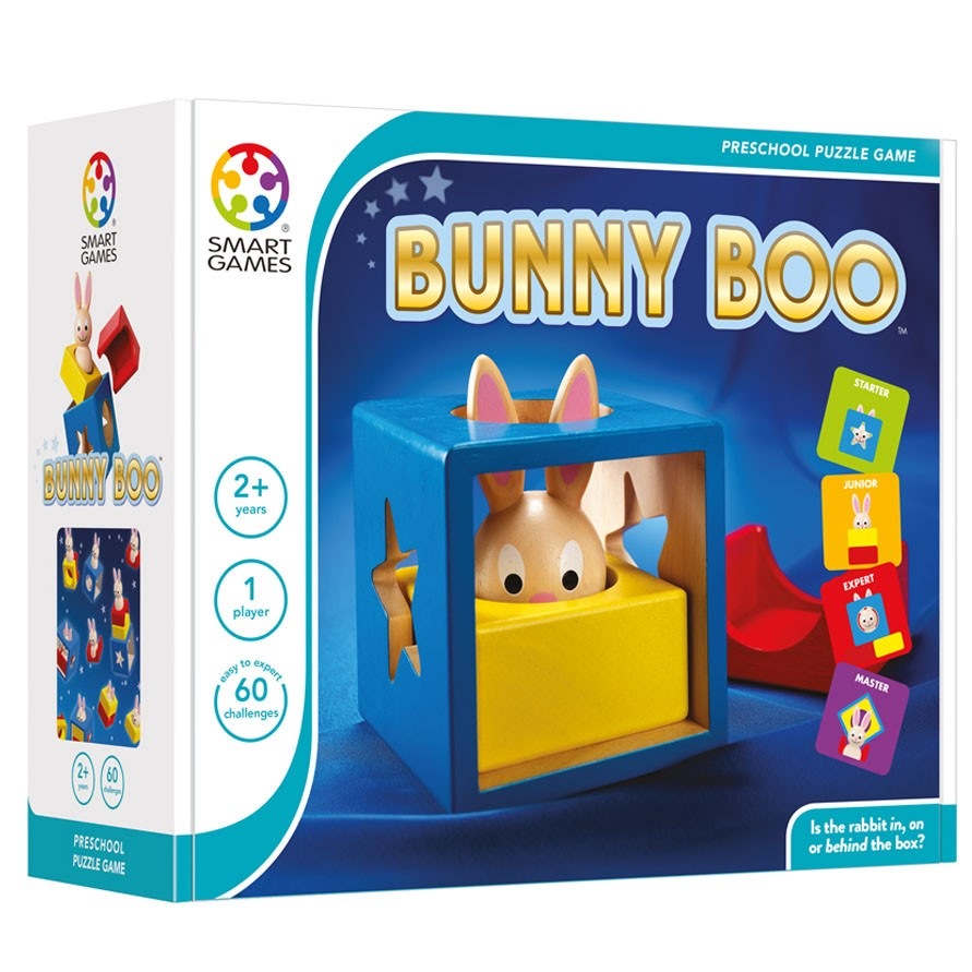 Smart Games Bunny Boo preschool puzzle game box with blue cube and bunny figure, for ages 2+, 1 player