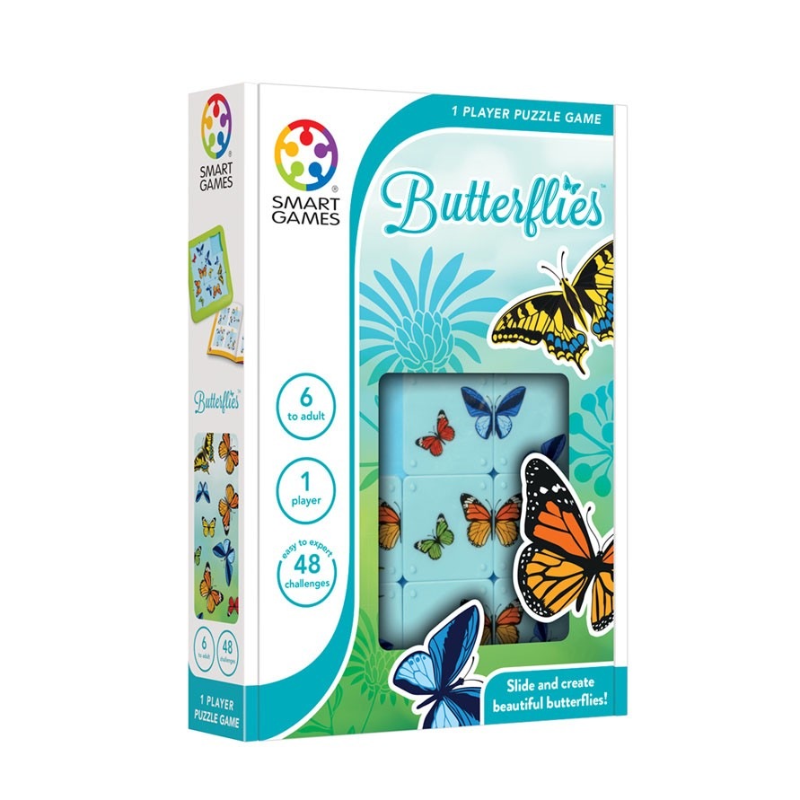 Smart Games Butterflies puzzle game box with blue butterfly tiles for 1 player and colorful butterfly art