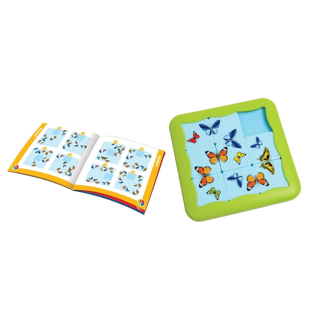 Smart Games Butterflies educational puzzle with butterfly tiles on a lime-green tray and instruction booklet
