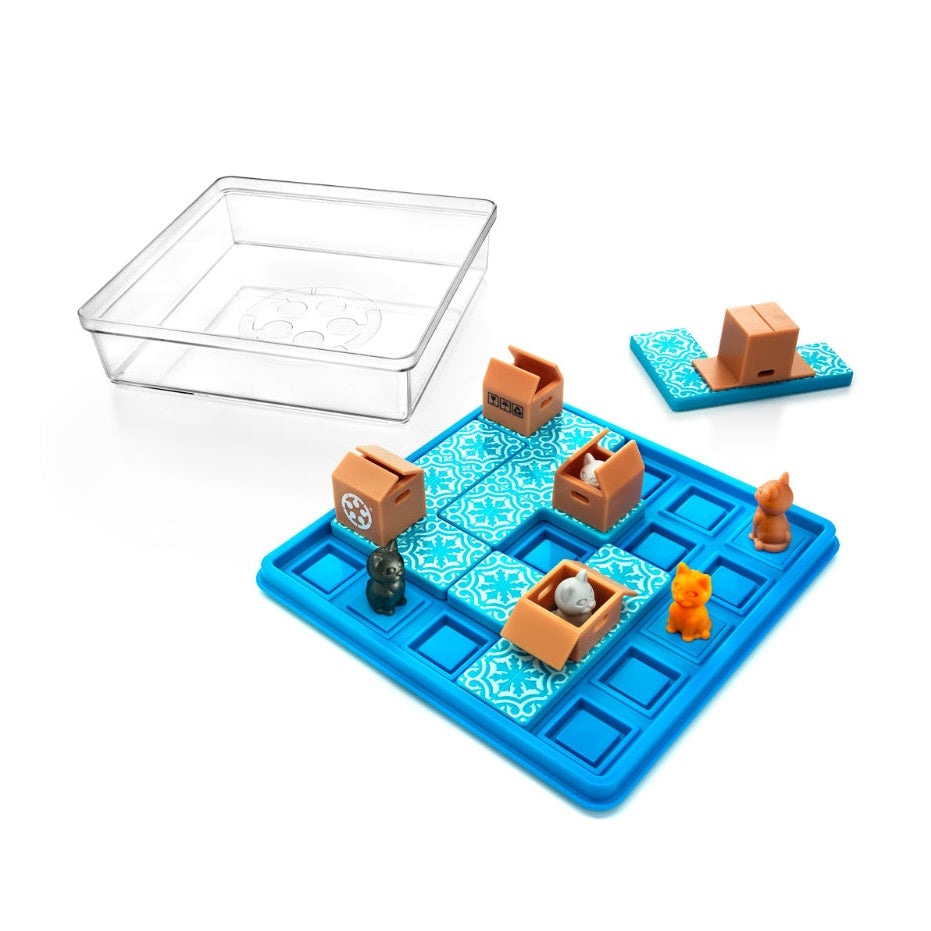 Smart Games Cats & Boxes puzzle board with blue grid, brown boxes, and orange, gray, black cats.
