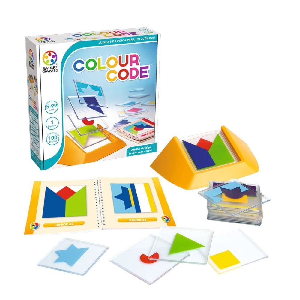 Colour Code puzzle game by Smart Games with colorful tiles, card deck, and yellow rack for solo play