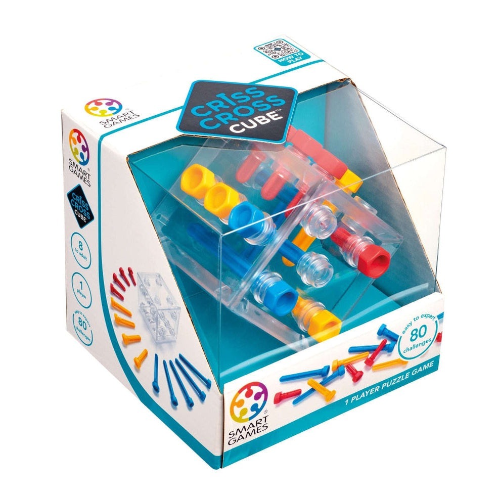 Criss Cross Cube puzzle by Smart Games in clear display box with colorful pegs and sliders