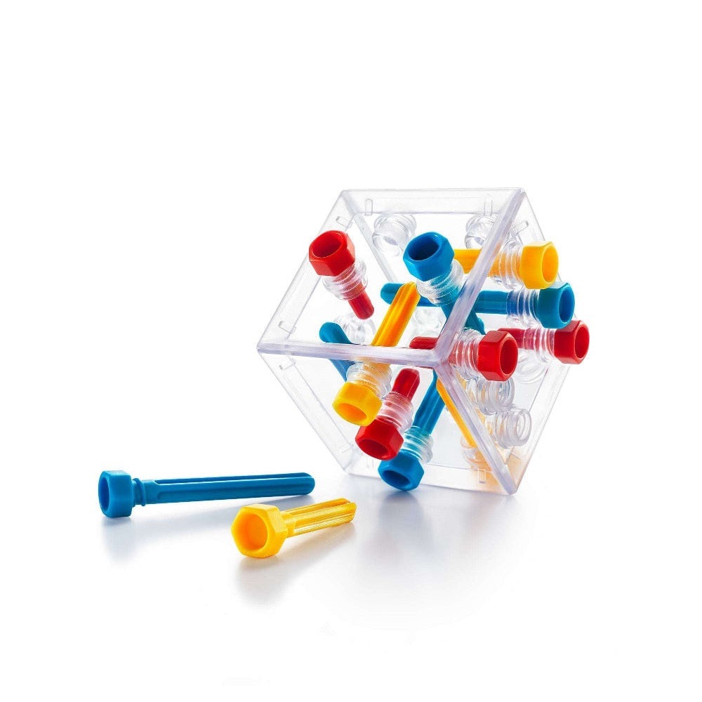 Smart Games Criss Cross Cube puzzle in a clear cube with multicolor pegs, blue and yellow pieces shown