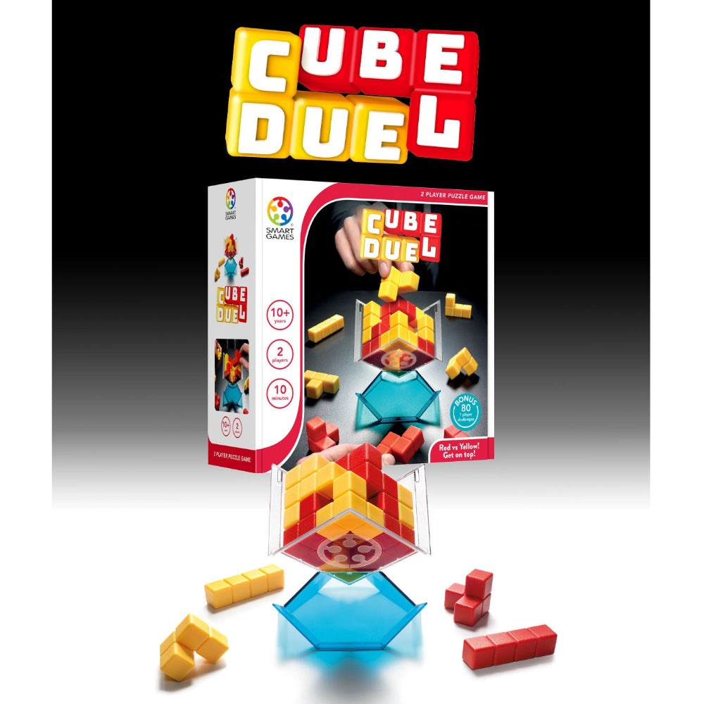 Cube Duel puzzle game by SmartGames, two-player educational toy with yellow and red cubes and blue base