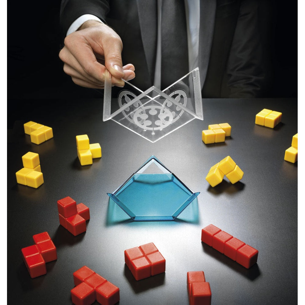 Smart Games Cube Duel puzzle with clear interlocking frame, blue pyramid, and red/yellow blocks by SMART GAMES