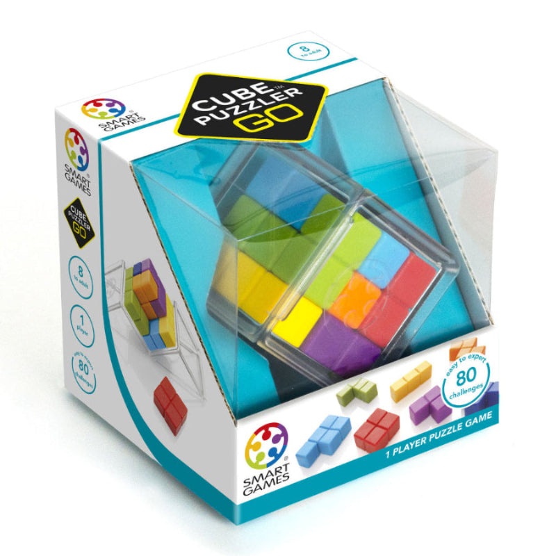 Smart Games Cube Puzzler Go puzzle game in a clear display box with colorful cubes