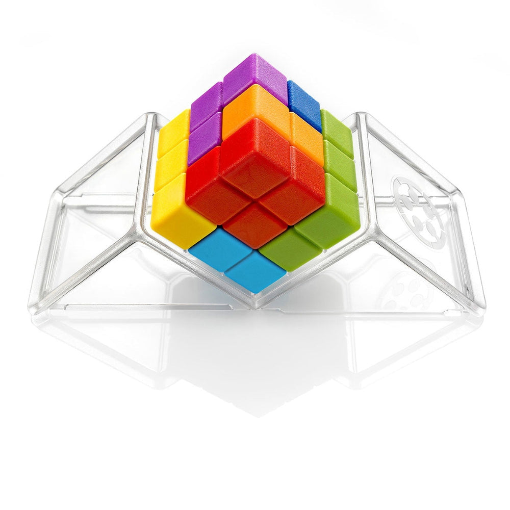 Smart Games Cube Puzzler Go puzzle on clear geometric stand, rainbow 3x3 color cube by SMART GAMES