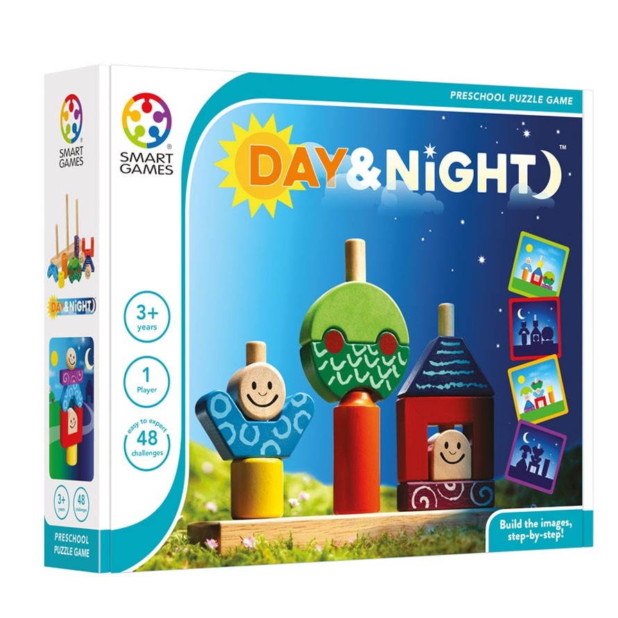 Smart Games Day & Night wooden puzzle game with colorful stacked pieces for ages 3+, 1 player