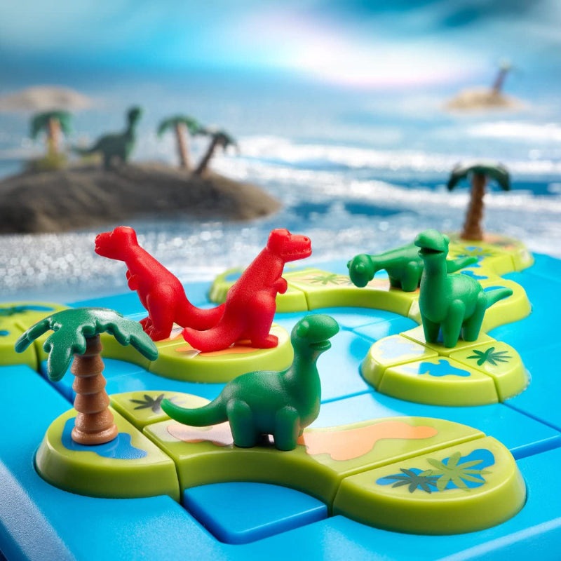 Smart Games Dinosaurs Mystic Islands puzzle game with five colorful dinosaur figures on tropical island tiles SMART GAMES