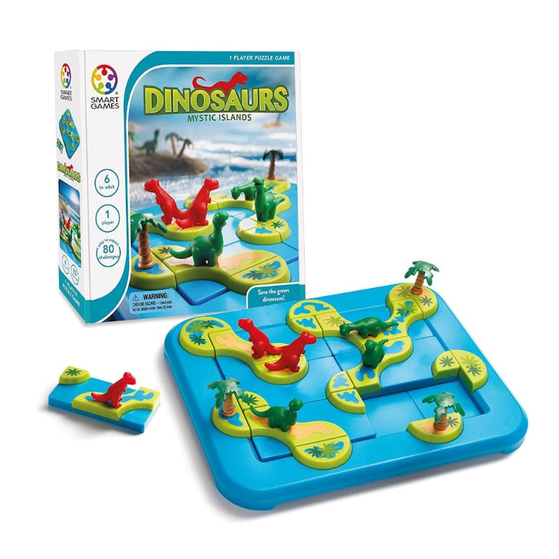 Dinosaurs Mystic Islands puzzle game by SMART GAMES; blue island board with red and green dinosaur pieces.