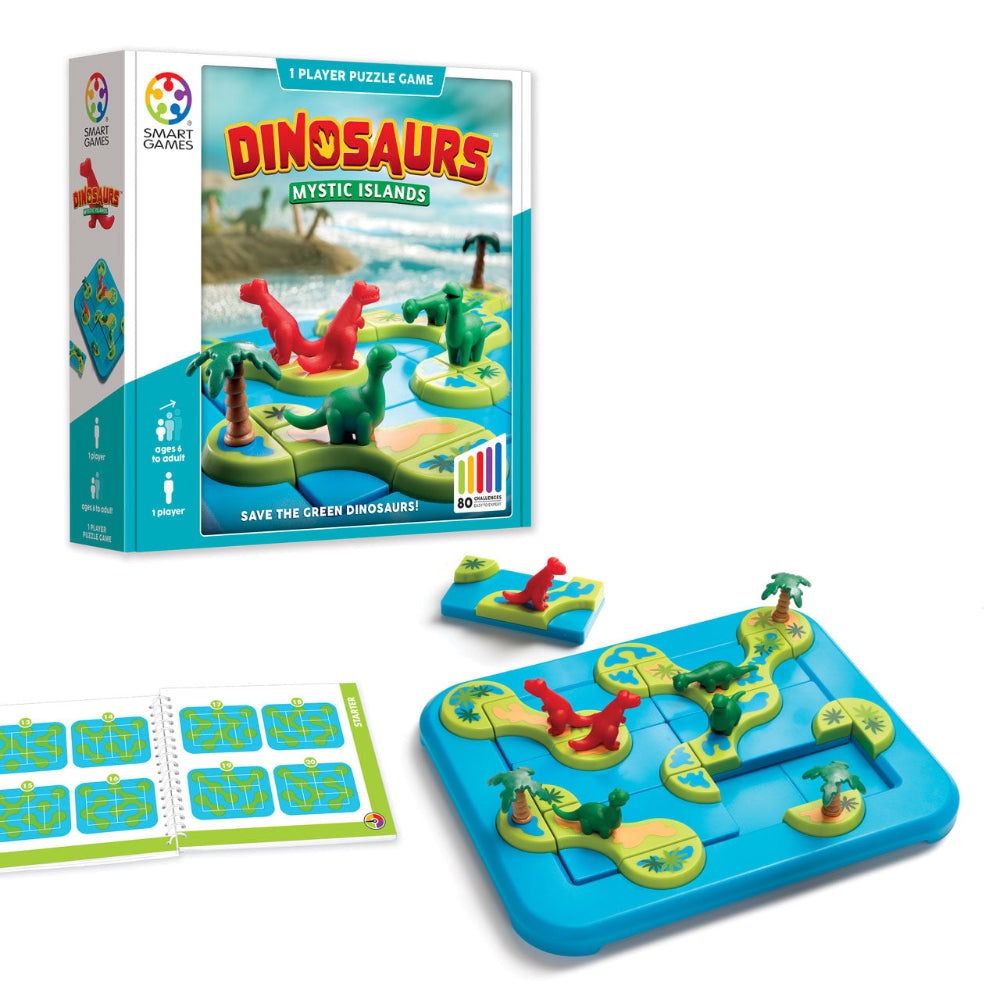 Smart Games Dinosaurs Mystic Islands puzzle game; blue island board with colorful dinosaur figures, 1 player