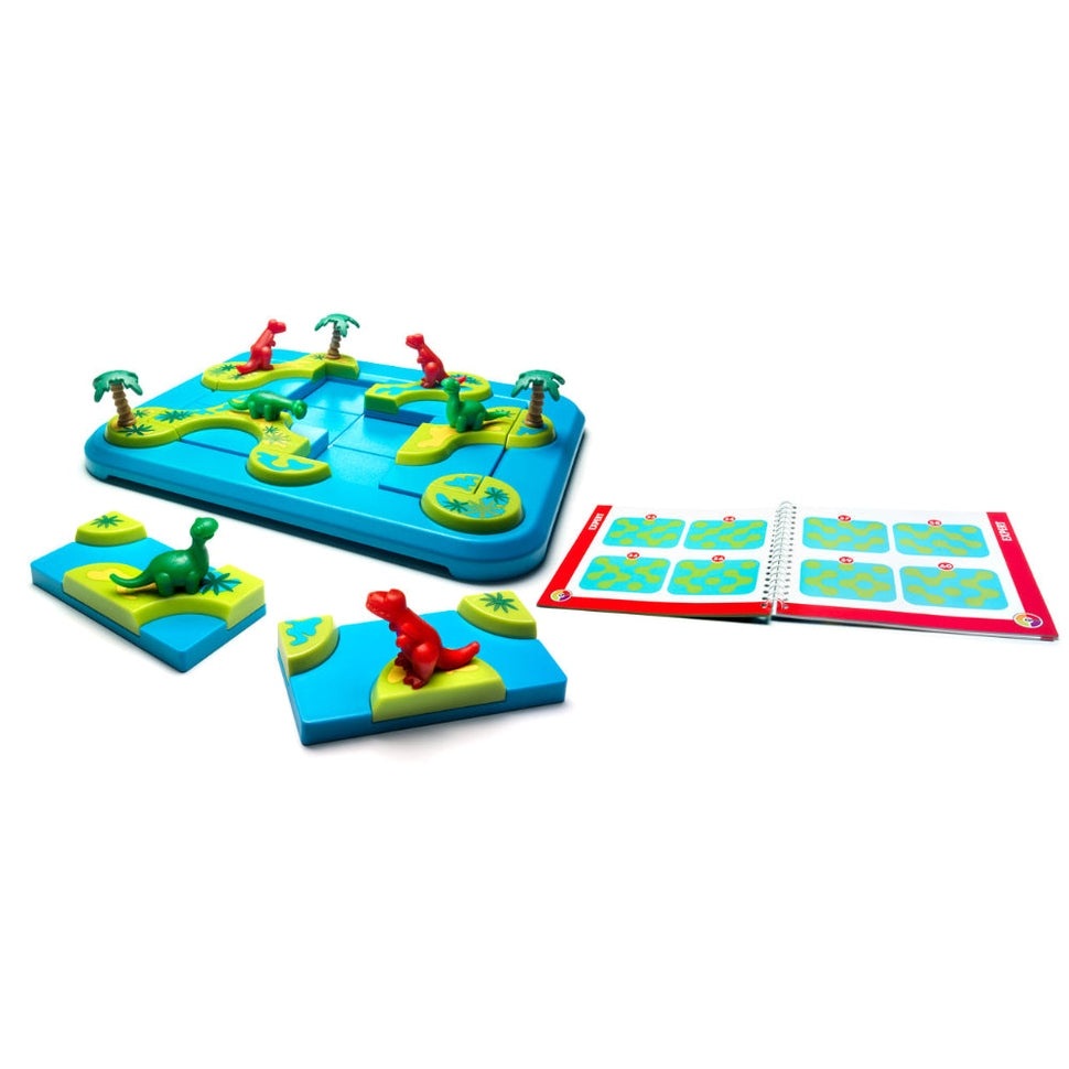 Smart Games Dinosaurs Mystic Islands educational puzzle set with blue island board and dinosaur figures