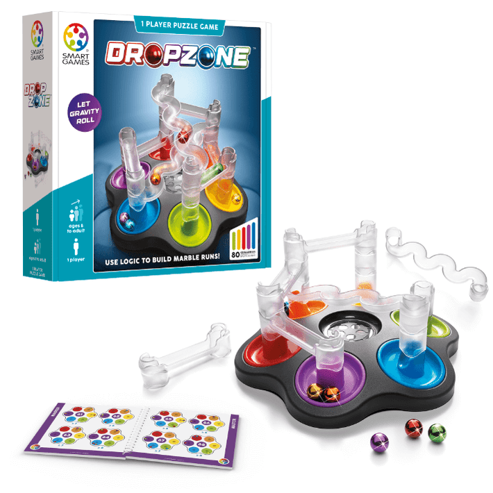 Smart Games Dropzone puzzle game with clear marble maze and colorful discs and marbles