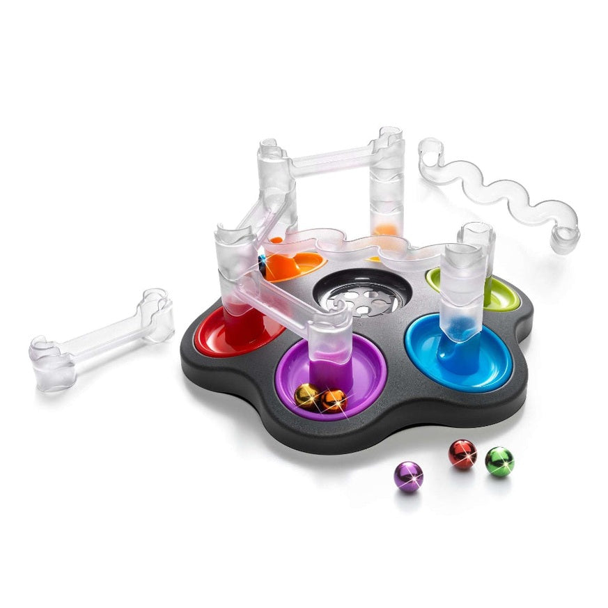 Smart Games Dropzone marble puzzle game with clear ramps and multicolor wells on a gray base