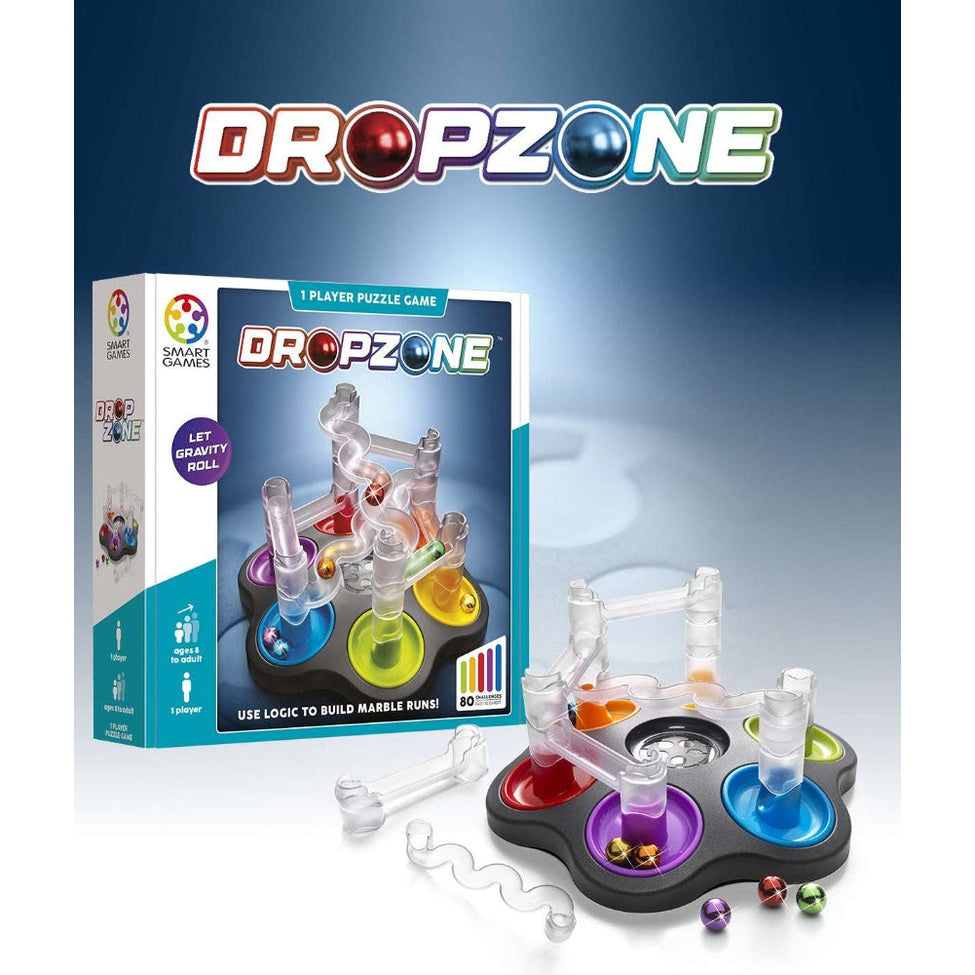 Dropzone marble-run puzzle game by Smart Games; 1‑player with colorful pegs and tubes
