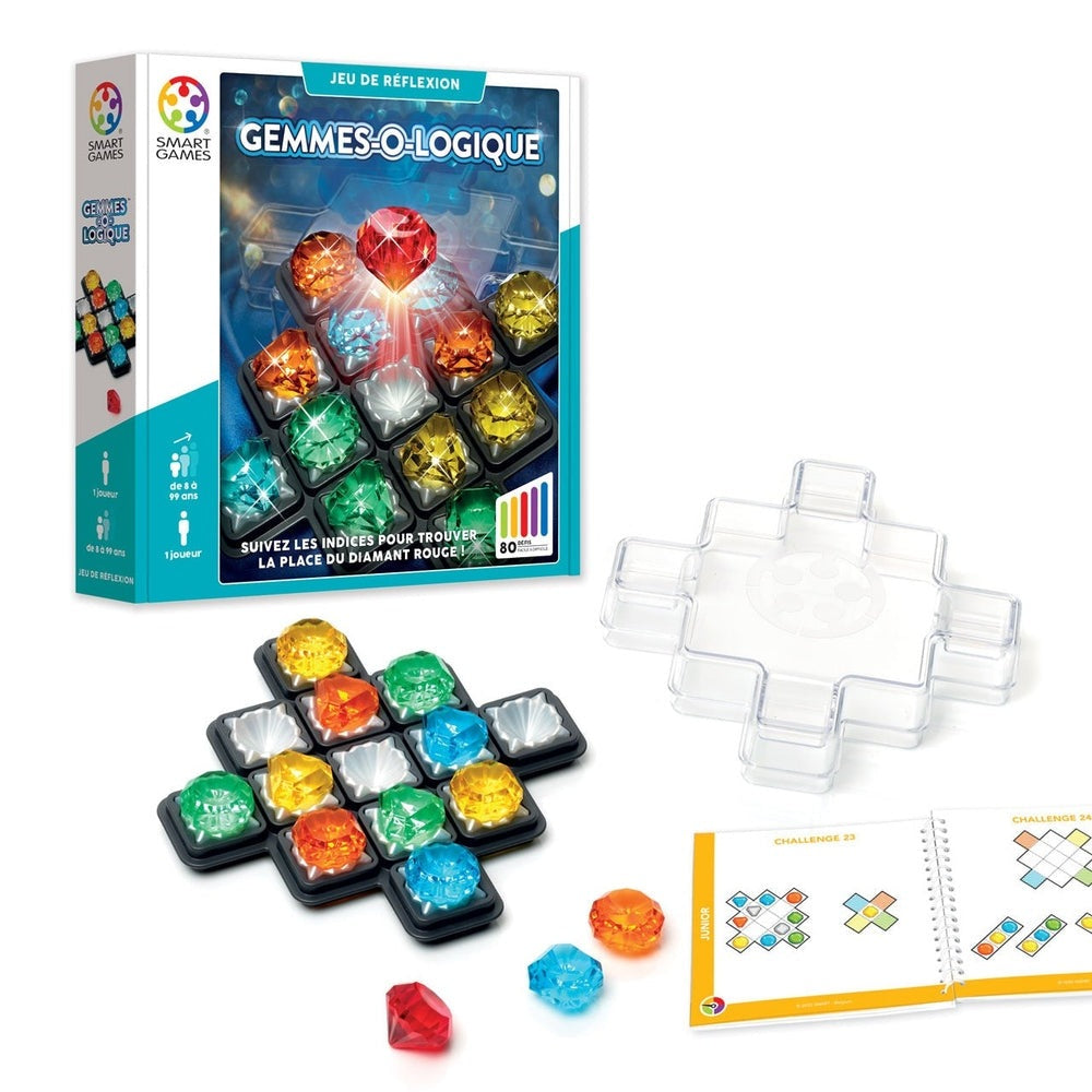 Gemmes-O-Logique by SMART GAMES; bright gem tiles sit on a cross grid with the puzzle booklet nearby.