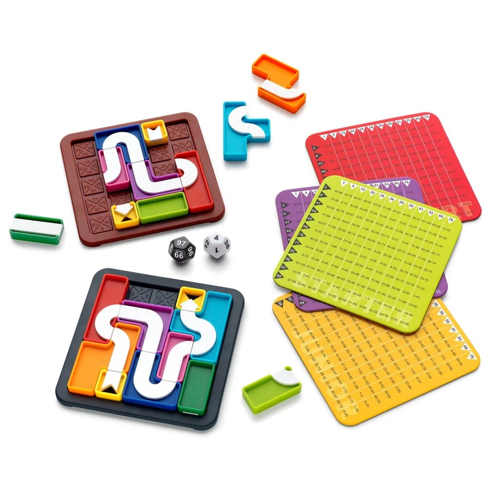 Smart Games Genius Connection puzzle set with colorful interlocking tracks, dice, and numbered cards from SMART GAMES