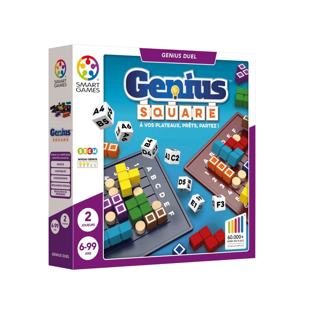 Genius Square puzzle game by Smart Games, colorful cubes and dice on a blue box.