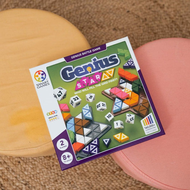 Genius Star puzzle game box by SMART GAMES; colorful geometric blocks for educational play
