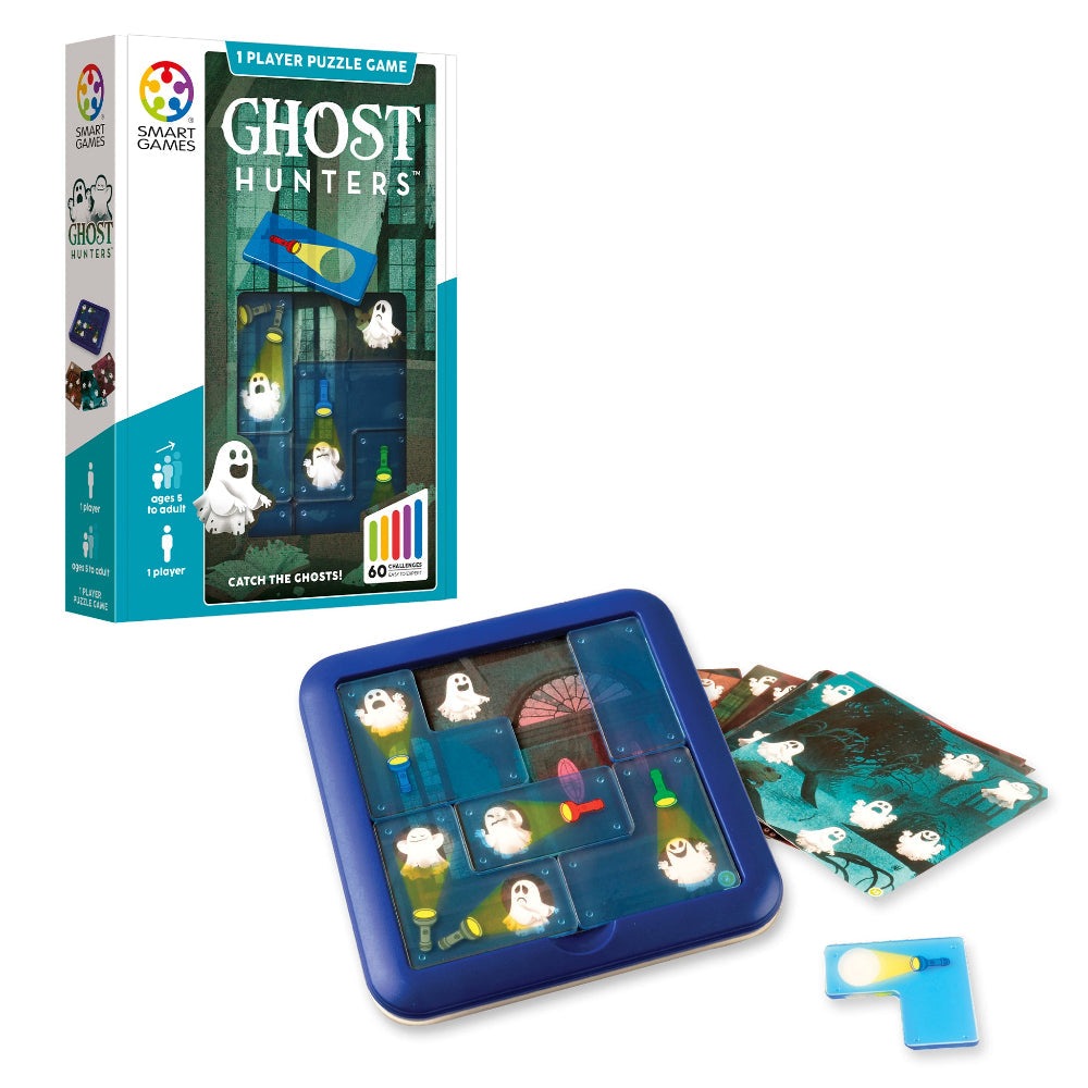 Smart Games Ghost Hunters puzzle game for kids, blue tray with ghost tiles and challenge cards, SMART GAMES