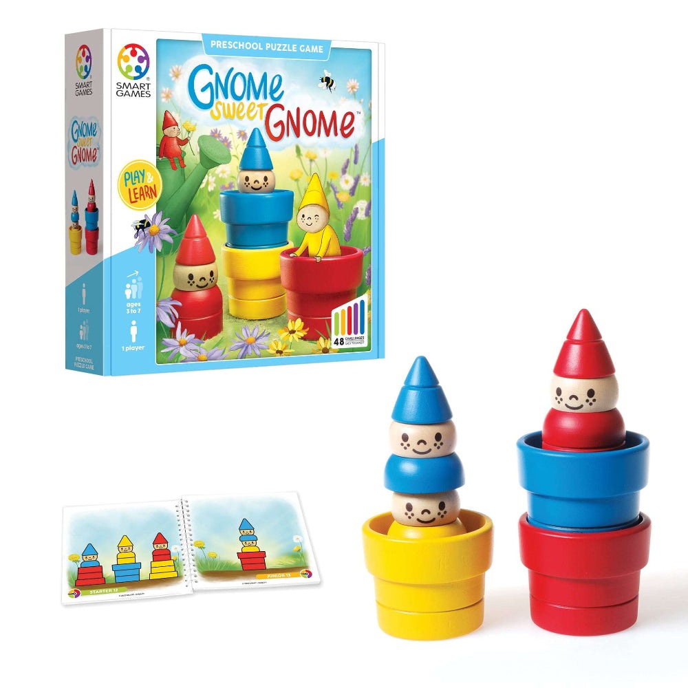 Gnome Sweet Gnome puzzle game by SMART GAMES; stackable wooden gnomes with colored rings and activity cards