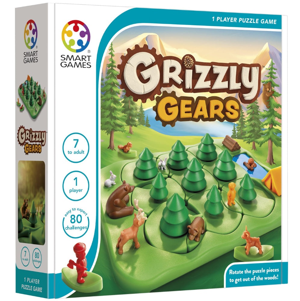 Grizzly Gears puzzle game by Smart Games; 1-player, forest-themed gear board with animal figures