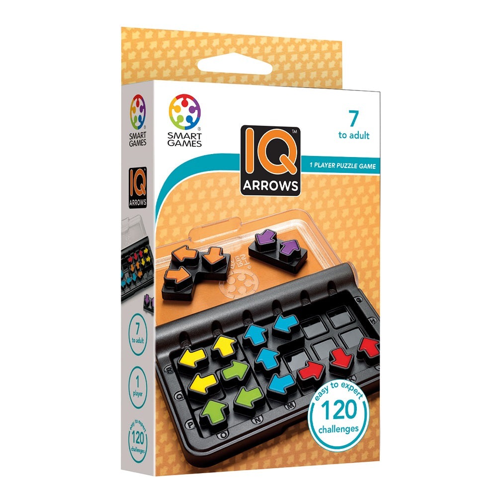 IQ Arrows puzzle game by Smart Games; colorful arrow tiles on a black tray for 1 player, 120 challenges